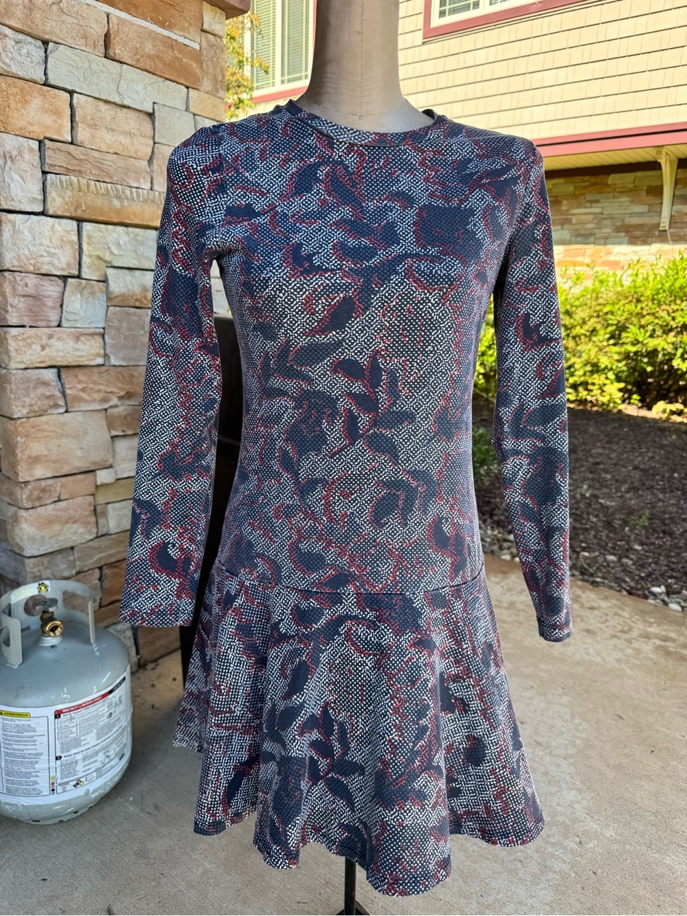 Tory Burch Navy and Red Long Sleeve Fit-and-Flare Dress